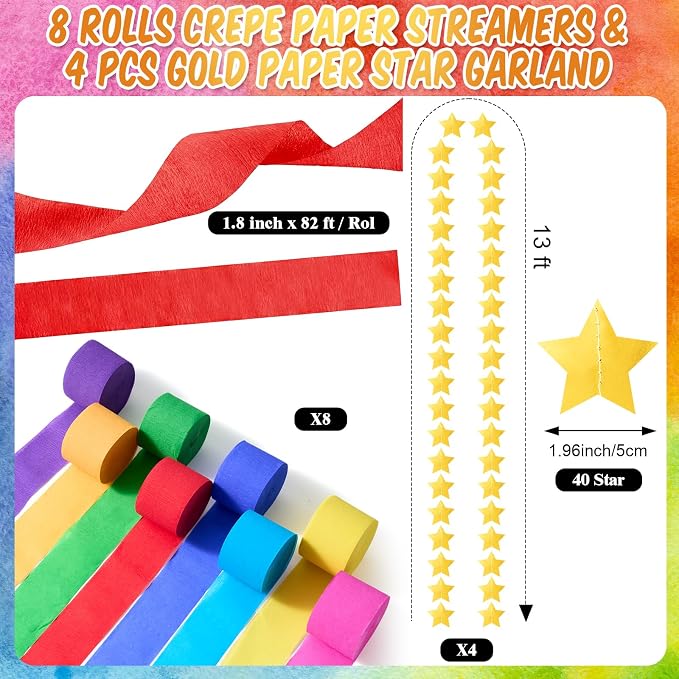 TaoBary Birthday Party Decor Kit 600 Sheet Paper Chain Garland Strips 656ft Crepe Paper 52ft Star Garland 52ft Felt Pennant Flag rainbow Ceiling Swirls 50 Balloons for DIY Birthday Wedding Party