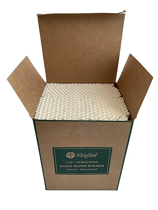 350 Count | Kingseal Disposable Paper Drinking Straws, Unwrapped, WHITE, 7.75 Inch Length x 8mm Diameter, "Giant" Size, White, Biodegradable, Earth Friendly, Bulk Pack - 1 Box of 350 Straws