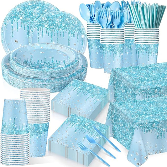 Funnymoom 452 Pcs Light Blue Party Decoration Include Glitter Baby Blue Paper Plates Napkins Cups Tablecloth Cutlery Straws Tableware for Baby Shower Birthday Wedding Graduation Party Supplies