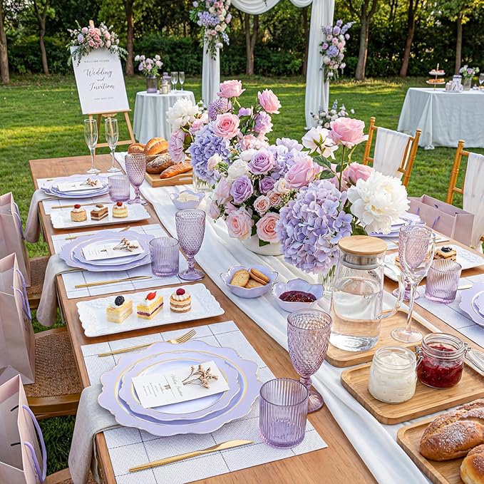WDF 100PCS Purple Disposable Plates - Lavender Plates - Heavy Duty Scalloped Purple Plastic Plate for Party/Wedding/Birthday/Spring