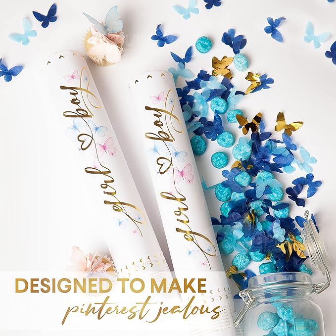 PrimePure Gender Reveal Confetti Cannon - Butterfly Shaped Confetti Poppers - Blue, 2 Pack - Baby Boy Gender Reveal Party Poppers Shooters - Blue Paper Butterflies Baby Shower Party Supplies Pop Gun