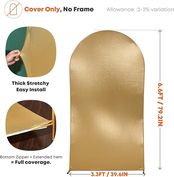 Gold Shimmer Arch Backdrop Cover 6.6FT with Zipper,Thick Soft Stretchy Sequin Glitter Spandex Fitted Chiara Cover for Wedding Birthday Baby Shower Graduation Party Photo Backdrop