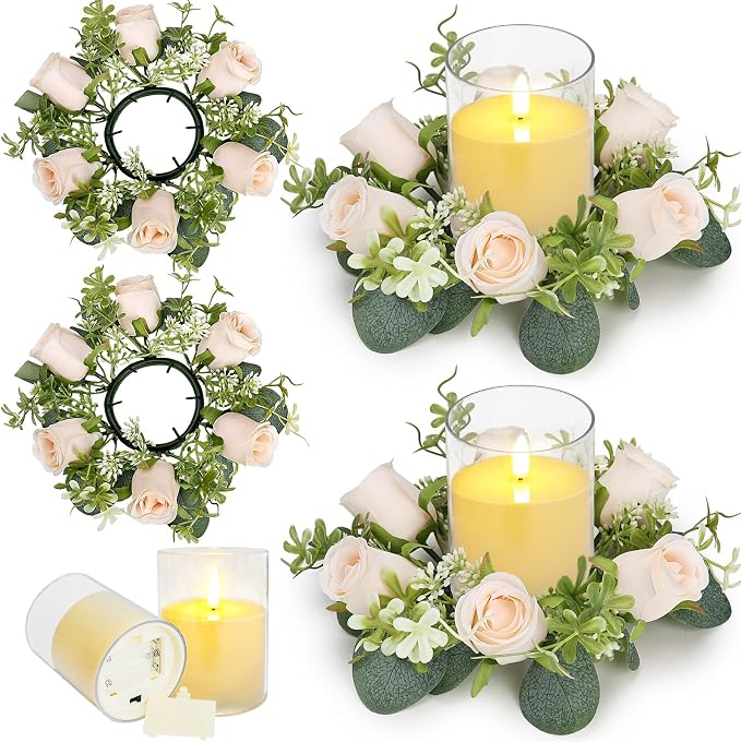 Artificial Flowers Candle Rings, 2 Sets Roses Rings Wreaths with LED Flameless Candles Artificial Eucalyptus Leaves for for Tables Chairs Valentine's Day Wedding Banquet Decor - Champagne