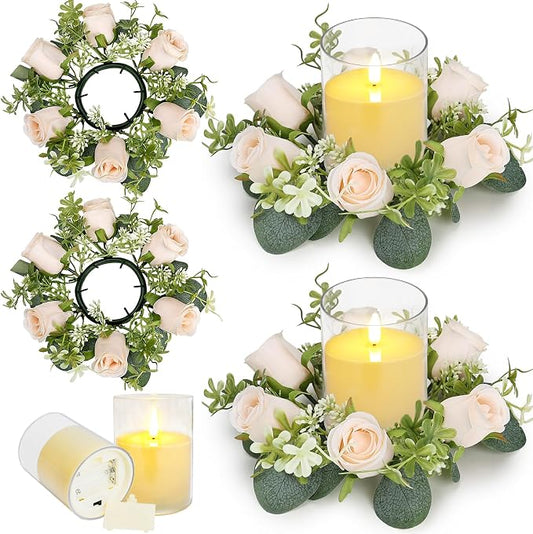 Artificial Flowers Candle Rings, 2 Sets Roses Rings Wreaths with LED Flameless Candles Artificial Eucalyptus Leaves for for Tables Chairs Valentine's Day Wedding Banquet Decor - Champagne