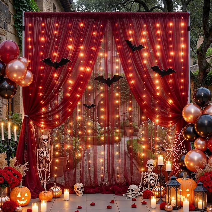 10x10ft Burgundy Tulle Backdrop Curtain with Lights String for Parites, Sheer Backdrop Curtains for Wedding Baby Shower Birthday Party Photo Shoot Decorations