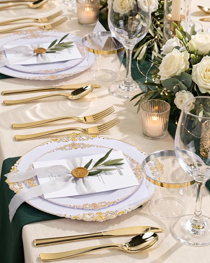Nervure 600PCS Gold Plastic Dinnerware Set- White and Gold Disposable Plates for 100 Guests - 200 Disposable Plates, 300 Plastic Silverware, 100 Cups Perfect for Wedding & Party