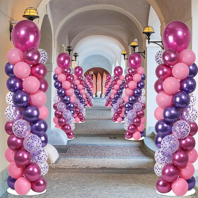 2 Sets Pink and Purple Balloon Column Stand Kit with 102 Balloons Adjustable Balloon Tower Stand with Bases for Floor Confetti Balloons Column Kit for Graduation Birthday Appreciation Party Decor