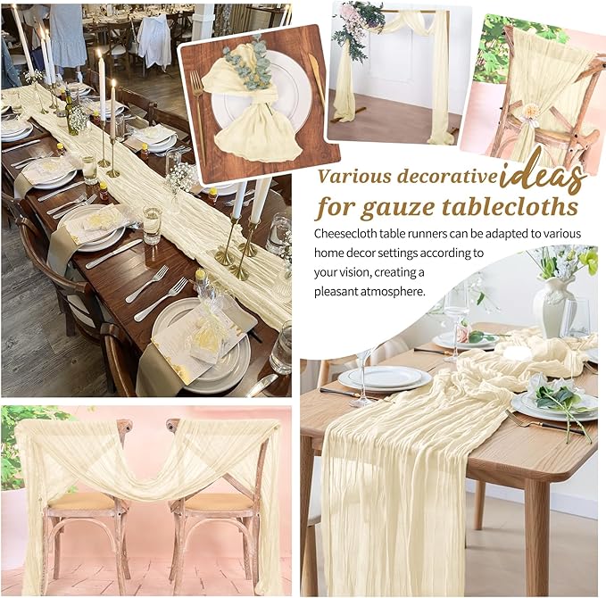 Ivory Cheesecloth Table Runner 6 Pack 10FT - Boho Gauze Sheer Rustic Crinkled Table Runners for Wedding Party Baby Shower Bridal Decor