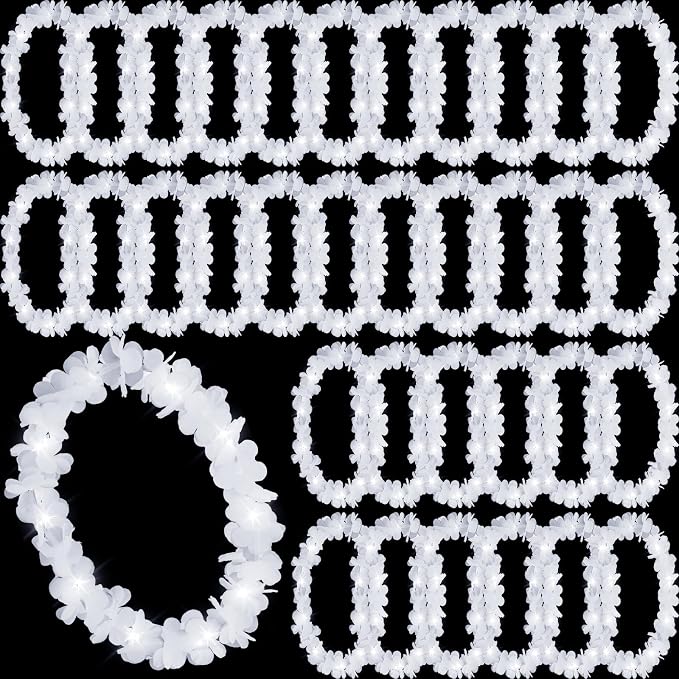 Sherr 48 Pcs LED Hawaiian Leis Light up Flower Leis Necklace with LED Lights Luau Flowers Necklaces for Masquerade Beach Wedding Tropical Themed Party Supplies(White)
