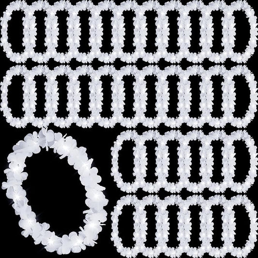 Sherr 48 Pcs LED Hawaiian Leis Light up Flower Leis Necklace with LED Lights Luau Flowers Necklaces for Masquerade Beach Wedding Tropical Themed Party Supplies(White)