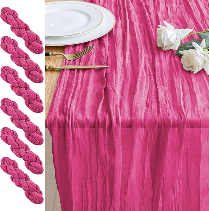 6PCS Table Runner Cheesecloth 10FT Deep Pink Boho Gauze Cheese Cloth Rustic Sheer Table Runners for Wedding Birthday Bridal Baby Shower Party Decoration