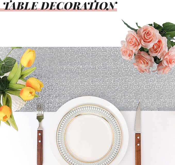Sugargirl 10 Packs 12 x 72 inches Sequin Table Runner, Glitter Silver Table Runner for Birthday Party Supplies Wedding Holiday Celebration Event Decorations
