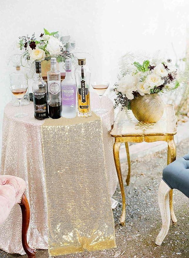 ShinyBeauty Light Gold Table Runners 12x108-Inches Pack of 2 Sequin Table Runners Glitter Table Cloth Runner for Wedding Christmas Table Decor Rectangle Table Covers for Bridal Shower Special Events