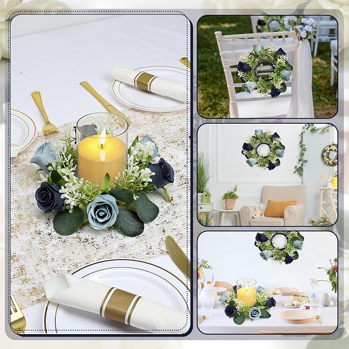 4 PCS Candle Rings Wreaths 3 Inch Center - Artificial Roses Candle Rings with LED Candles for Wedding Centerpiece Table Home Party Decor, Navy Blue, 2 Sets
