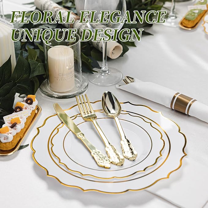 350PCS White Plastic Plates, Gold Plastic Dinnerware Sets for 50 Guests, Include 100 Disposable Plates, 50 Cups and 50 Pre Rolled Napkins with 150 PCS Gold Silverware for Party and Wedding