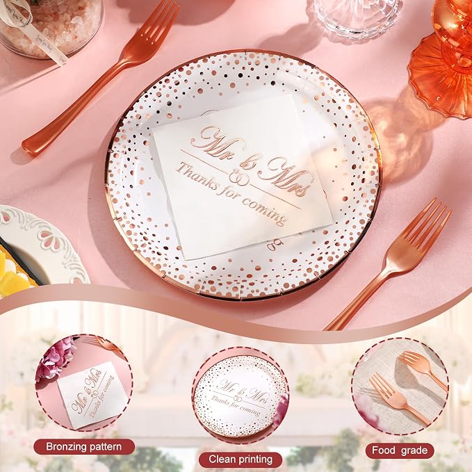 150 Pcs Bridal Shower Rose Gold Party Supplies Napkins Plates Forks Tableware Disposable Dinnerware Set for Bridal Shower Wedding Engagement Bachelorette Party Decorations (Mr and Mrs Style)