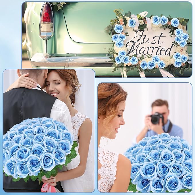 36 Pcs Sky Blue Artificial Roses with Long Stems, Blue Fake Silk Rose Artificial Flowers Bulk for Bridal Wedding Bouquet Centerpiece Ball Arrangement Party Decor