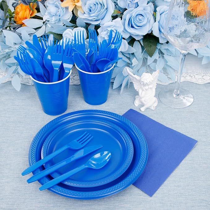MirthMood 350 Pieces Blue Party Supplies, Disposable Dinnerware Set, Including Blue Plastic Plates and Napkins, Plastic Cutlery and 12OZ Cups,Serve 50 Guests for Party & Birthday