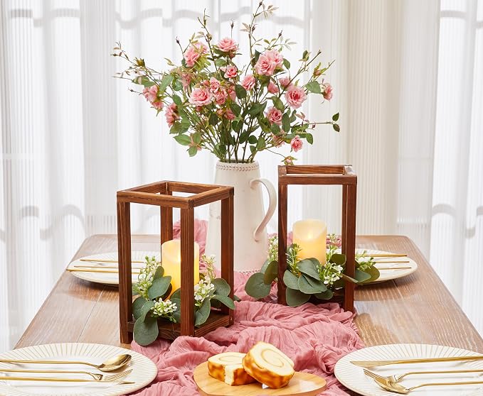 54 Pcs /18 Set Wooden Wedding Lantern Centerpiece-Wooden Candle Lantern Bulk Includes 18 Farmhouse Wooden Candle Holder 18 Flameless LED Candles 18 Eucalyptus Leaves Wreath for Decoration