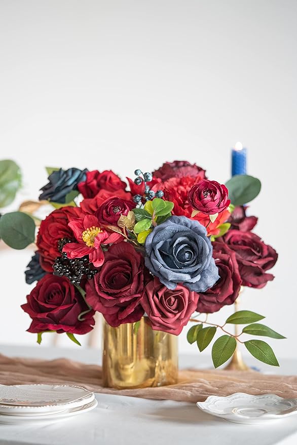 ponatia Artificial Flowers Wedding Flowers Combo for Silk Fake Flowers Roses for DIY Wedding Bouquets Burgundy Centerpieces Arrangements Party Bridal Baby Shower Home Decorations (Burgundy & Navy)