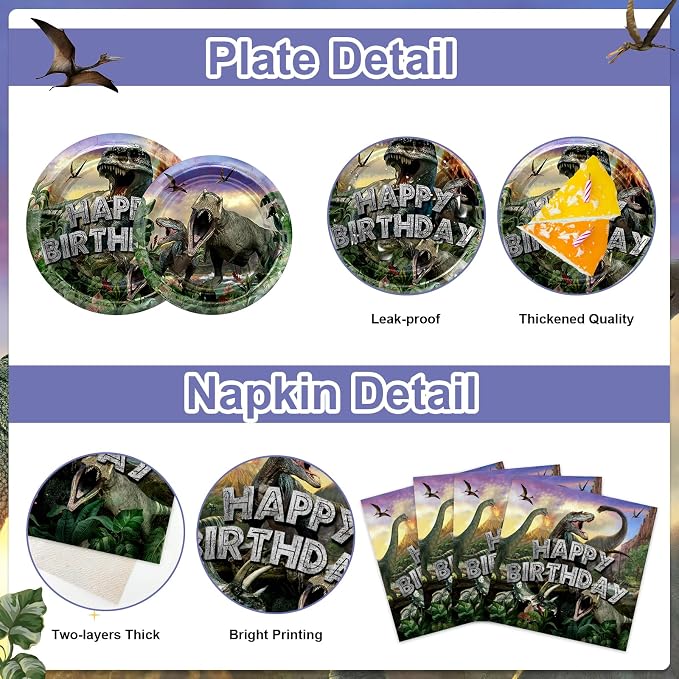 Dinosaur Birthday Decorations 280 PCS Dinosaur Birthday Backdrop Plates Napkins Tablecloth Balloons Jurassic Dino Party Supplies Serve 24
