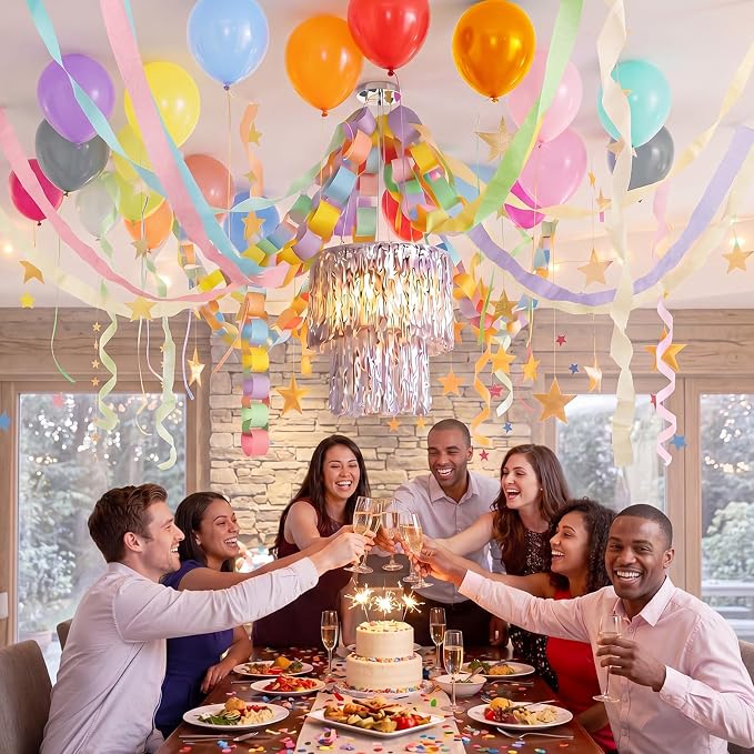 Blueweenly Fancy Princess Birthday Party Decorations Paper Chain Garland Strip Ceiling Party Classroom Decor Crepe Streamer Glitter Star Chandelier Balloons for Wedding Birthday(Macaron,Large,5 Pcs)