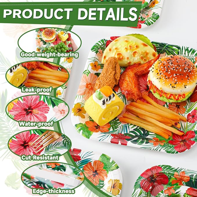 Umigy 100 Pcs Paper Plates Flower Dinner 9'' Floral Disposable Paper Plates 7'' Square Dessert Set for Dinner Birthday Wedding Baby Shower Party Tableware(Warm Color,Hawaiian)