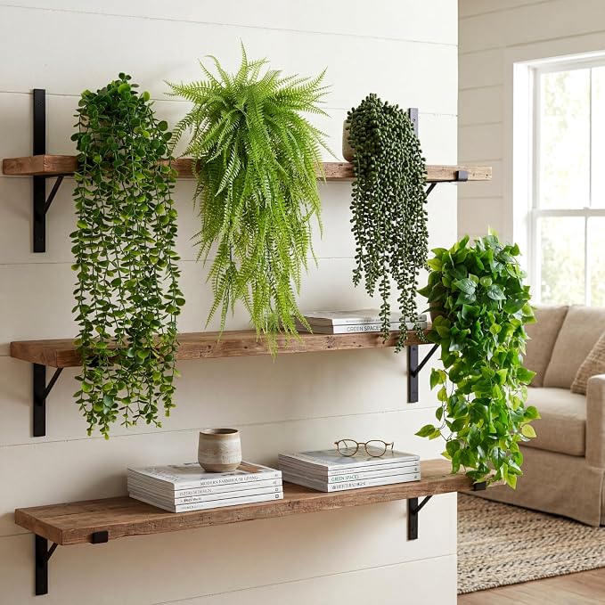 Daifunli 60 Pcs Artificial Hanging Plants Fake Hanging Ferns Plastic Fake Plant for Wall Room Garden Garland Indoor Outdoor Decor No Basket (Boston,Eucalyptus,Ivy Vine,String of Pearls)