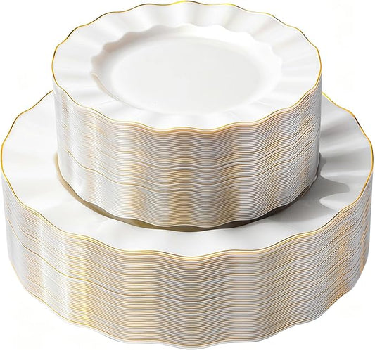 120PCS Pearl White Plastic Plates, Heavy Duty Disposable Party Plates with Gold Rim, 60 Dinner & 60 Dessert for Parties and Wedding