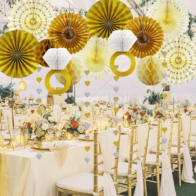 Daily Treasures 14PCS Gold White Engagement Party Decorations Kit - Hanging Ring Honeycomb Tissue Pom Poms,Paper Fans& 4m Banner for Engagement Wedding, Anniversary,Birthday Party Decor(Champagne)