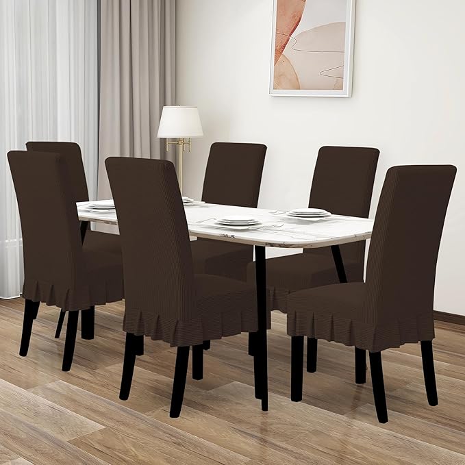 Easy-Going Dining Chair Covers Stretch Parsons Chair Slipcover with Skirt Chair Covers for Dining Room Restaurant Banquet (6 PCS, Chocolate)