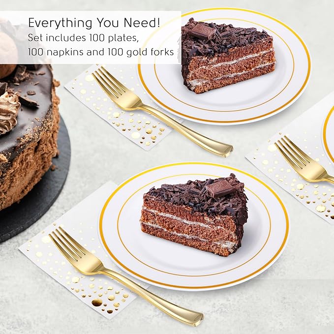 Stylish Gold Dessert Plates, Napkins and Forks, 100 7.5 Inch Wedding Cake Plates and Forks with Cocktail Napkins, Plastic Cocktail Plates for Appetizers, Gold Cake Plates for Wedding Reception
