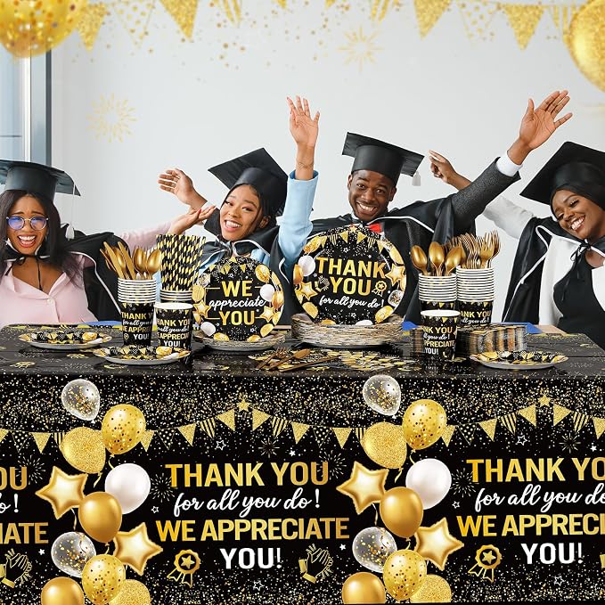 Funnymoom 452 Pcs Black Gold We Appreciate You Decoration for 50, Thank You Paper Plates Napkins Cups Tablecloth Set for Administrative Professional Day Employee Teacher Volunteer Appreciation Supply