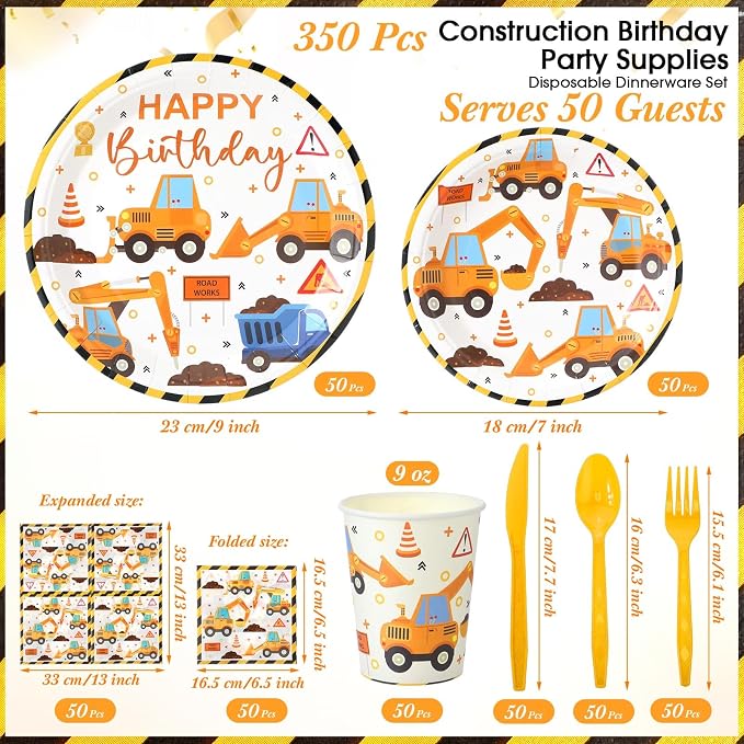 Uiifan 350 Pcs Construction Party Supplies Set Include 100 Plates 50 Paper Cups 50 Napkins 150 Plastic Silverware For 50 Guests Birthday Party Decorations Disposable Dinnerware Set (Dark Yellow)