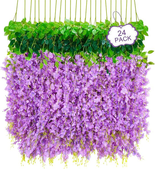 24Pcs Artificial Wisteria Hanging Flowers, 3.6Ft/Pcs Purple Fake Wisteria Garland for Wedding Party Home Garden Indoor Outdoor Decoration