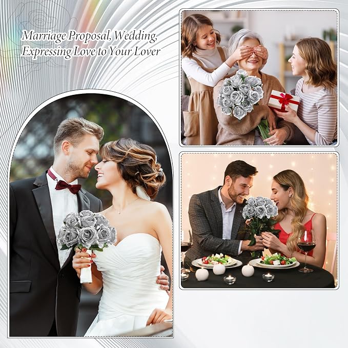 Hotop 20 Pcs Artificial Rose Flowers with Long Stem, Real Lifelike Silk Realistic Plastic Bouquet Roses Bulk for Home Decor Bridal Wedding Party Table Centerpieces Decorations(Silver)