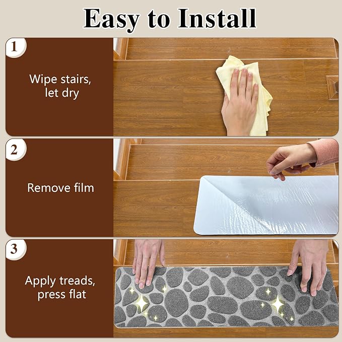Self Adhesive Residue Free Machine Washable Reusable Stair Treads Non Slip Steps - 100% Polyester Heavyduty TPE Backing Wooden Stair Runner Indoor - 15 Pack 30"X8" Anti Slip Mats - Stone Grey