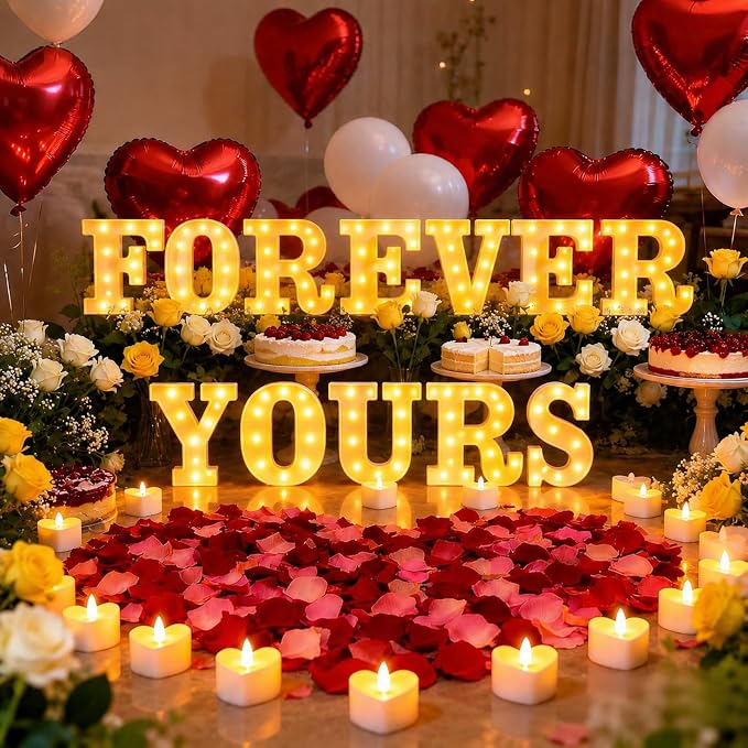 FOREVER YOURS Light up Letters, Include Tea Lights Candles, Latex Balloons, Aluminum Balloons and Rose Petals, Special Festival, Surprise Gifts for Women and Men