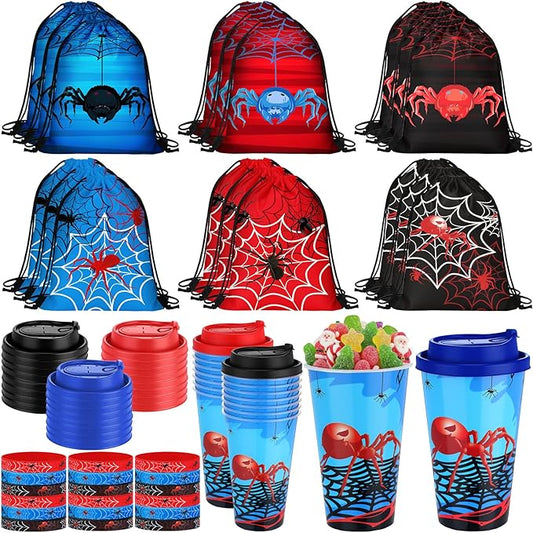 Potchen 72 Pcs Spider Party Favors Spider Birthday Party Supplies Hero Decorations for Guests Including Drawstring Gift Bags Cups and Wristbands for Christmas Birthday Gift Favors (Spiderweb)