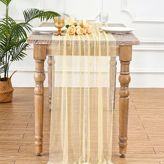Pearl Gauze Table Runner Tulle Fabric: 10ft Seasonal Dessert Chiffon Pearl Lace Boho Overlay Wedding Veil Outdoor Wedding Aisle Runner Party Decorations Doilies, Light Yellow
