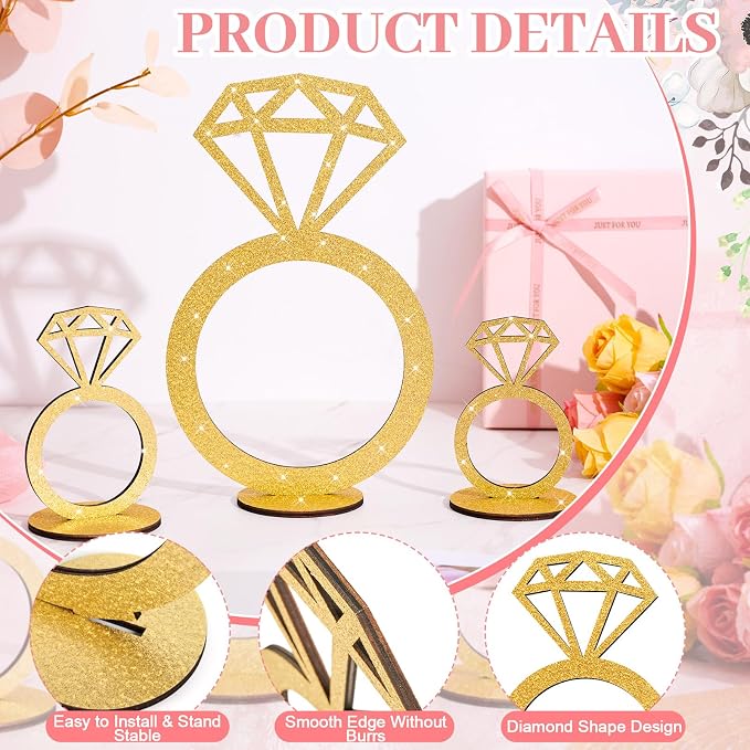 3 PCS Bridal Shower Centerpieces for Tables Diamond Ring Sign Table Centerpieces Gold Glitter Wooden Diamond Ring Sign Decor for Wedding Anniversary Supplies Batcholette Engagement Party