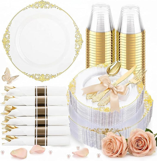 Hioasis 350pcs Clear and Gold Plates - Clear Party Plates for 50 Guest, Include 100 Heavy-duty Plates(20% Thicker Than Standard), 50 Pre Rolled Gold Plastic Silverware Set, 50 Cups