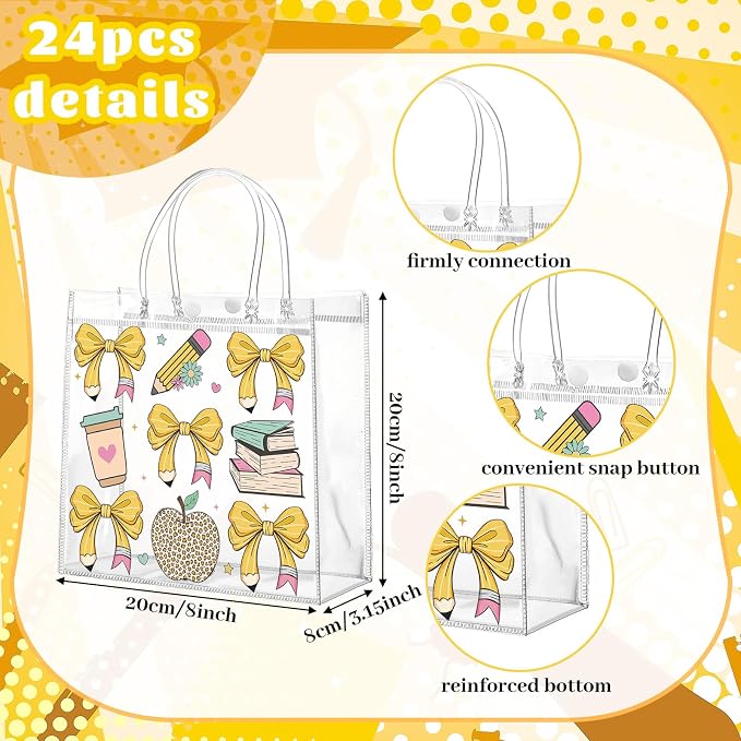 Teenyyou 24 Pcs Back to School Clear Gift Bags with Handles, Cute Bow & Stationery Pattern PVC Gift Bags Reusable Goodie Container for Teacher Appreciation, Birthday Party, Classroom Rewards