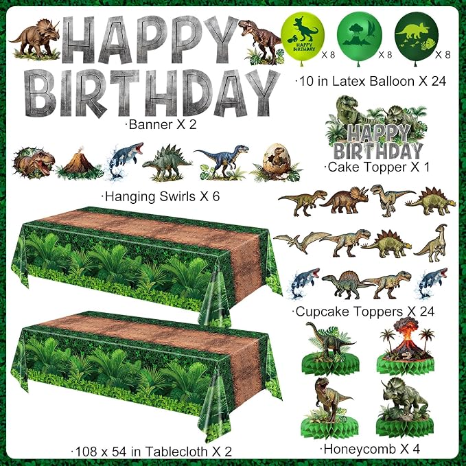 Dinosaur Birthday Decorations – Plates, Cups, Napkins, Cutlery, Hanging Swirls, Toppers, Banner, Tablecloths, Balloons, Honeycomb Centerpieces for Three Rex Dinosaur Party Decorations, Serves 20