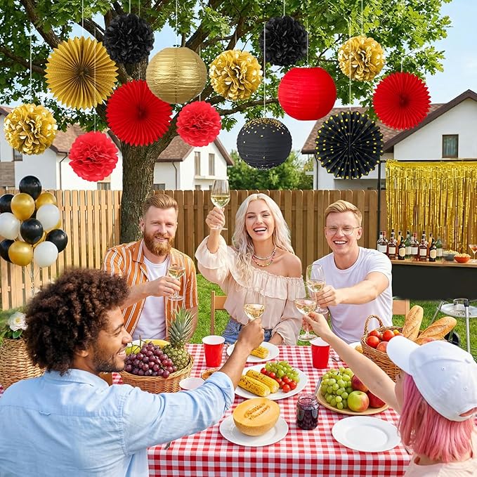 ADLKGG Red Black Gold Party Decorations, 14 Pcs Hanging Paper Fans, Lanterns, Pom Poms - Elegant Backdrop for Casino Night, Graduation 2026, Birthday, Hollywood Theme Party, Game Night