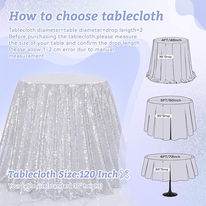 B-COOL Silver Sequin Tablecloth Decorations - 120 Inch Sparkly Table Fabric for Holiday Feast Birthday Celebration Anniversary Party