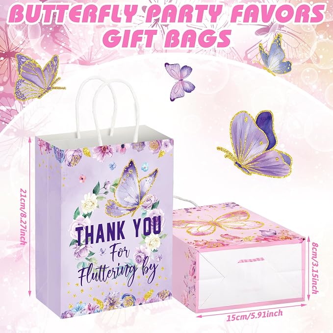 Outus 24 Pcs Summer Butterfly Party Favors Bags Butterfly Goodie Gift Paper Bags with Handles Purple Blue Pink Thank You Candy Treat Pouch for Wedding Baby Shower Birthday Party Decoration Supplies