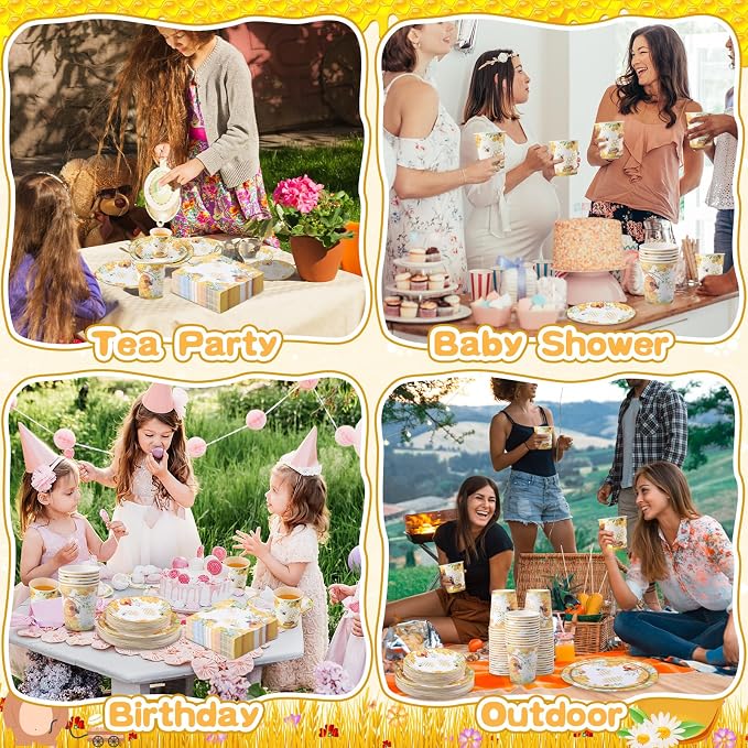 Pickmesh 250 Pcs Bee Party Disposable Tableware Set Paper Plates and Napkins Cups Supplies Tea Party Theme Dinner Dinnerware for Birthday Bridal Baby Shower wedding Decoration Serves 50