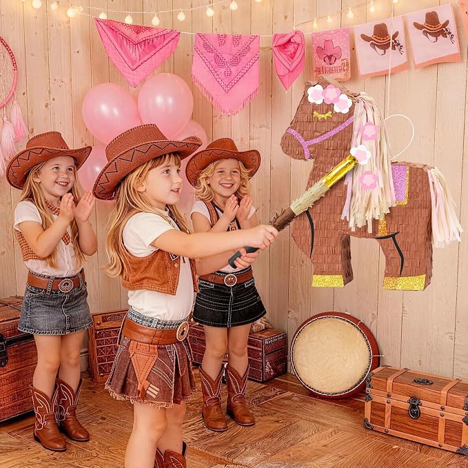 WERNNSAI Horse Piñata - Cowgirl Birthday Party Decorations Pink Brown Horse Piñata with Blindfold and Bat Western Cowgirl Party Favors for Kids Boys Classroom Activities Kentucky Derby Games