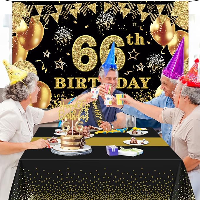 66th Birthday Decorations Men Women with 66th Birthday Banner, Black and Gold Table Cloth, Number Balloons, Sash, Cake Topper and Candles